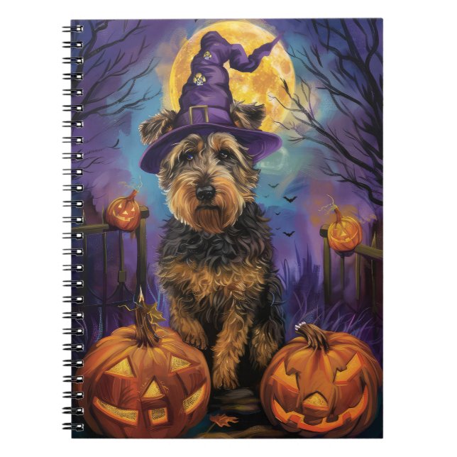 Carnet Éffrayant Airedale Halloween sorcière et Citrouill (Devant)