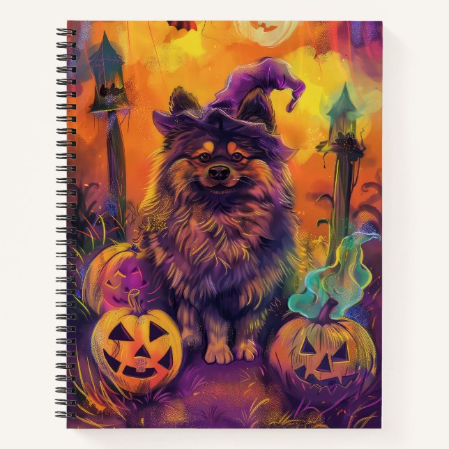 Carnet Éffrayant Keeshond Chien Halloween sorcière et Cit (Devant)