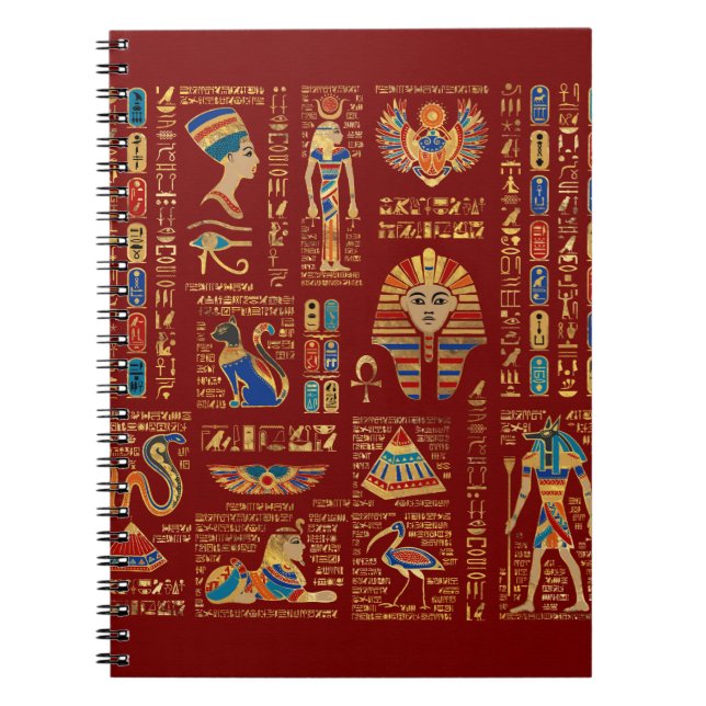 Carnet Egyptian hieroglyphs and deities on red (Devant)