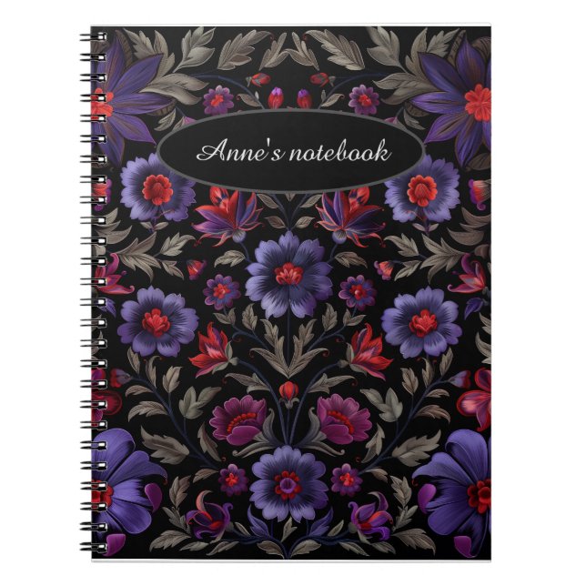 Carnet Élégance foncée : Motif floral noir et pourpre (Devant)