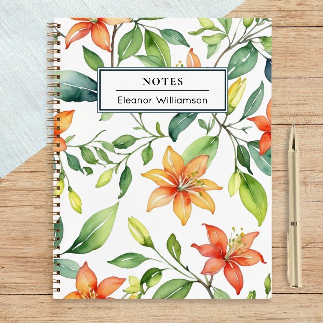 Carnet Elégant Amoureux des jardins Fleurs Orange Personn (A pretty, personalized notebook, with floral honeysuckle design in a watercolor style)