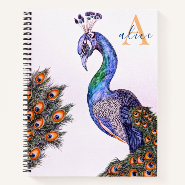 Carnet Elégant aquarelle Peacock Monogramme rose (Devant)