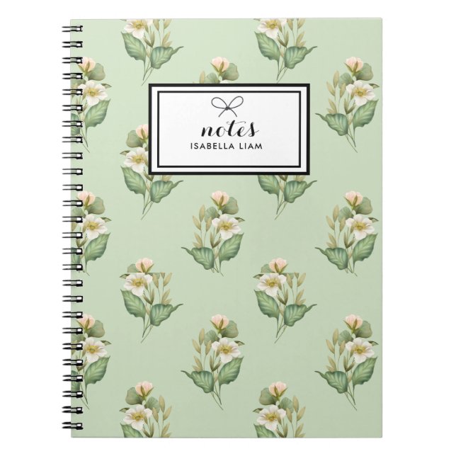 Carnet Elégant Aquarelle Verdure Fleurs blanches Motif (Devant)