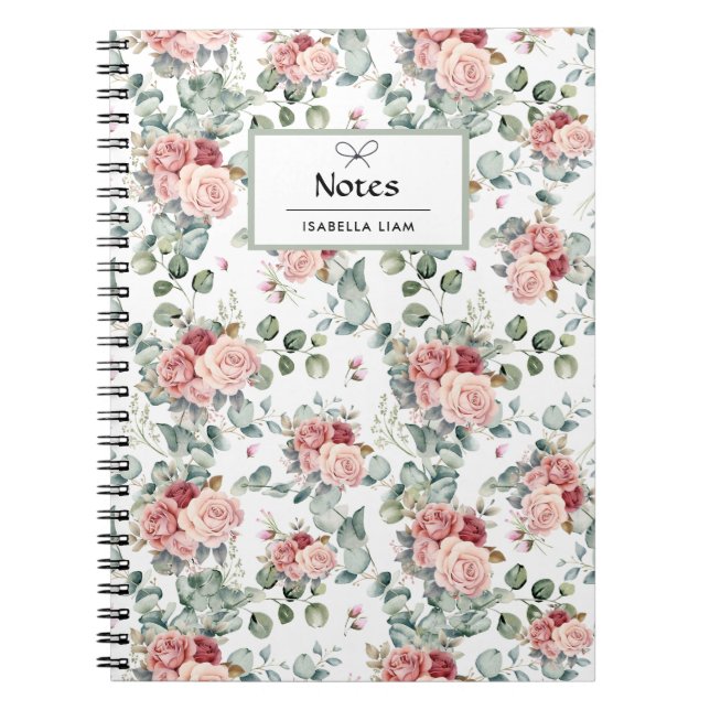 Carnet Elégant Aquarelle Verdure Fleurs roses Motif (Devant)