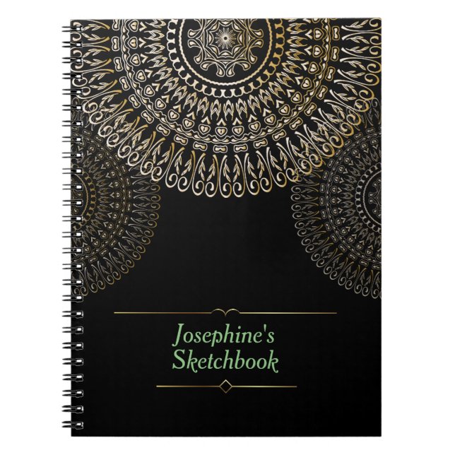 Carnet Elégant Beige Mandala Nom personnalisé noir (Devant)