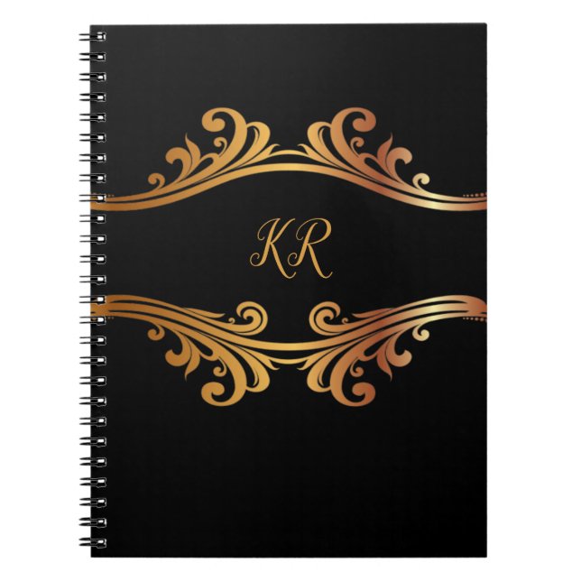 Carnet Elégant Black Gold Banner Design Monogramme (Devant)