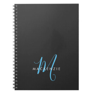 Carnet Élégant Black Sky Blue Script Monogramme moderne