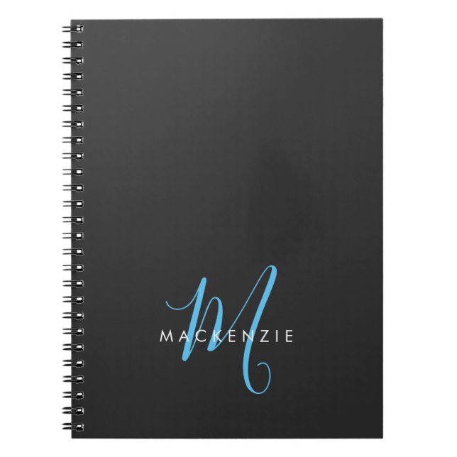Carnet Élégant Black Sky Blue Script Monogramme moderne (Devant)