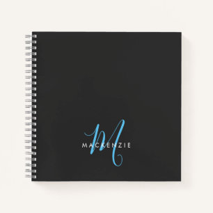 Carnet Élégant Black Sky Blue Script Monogramme moderne