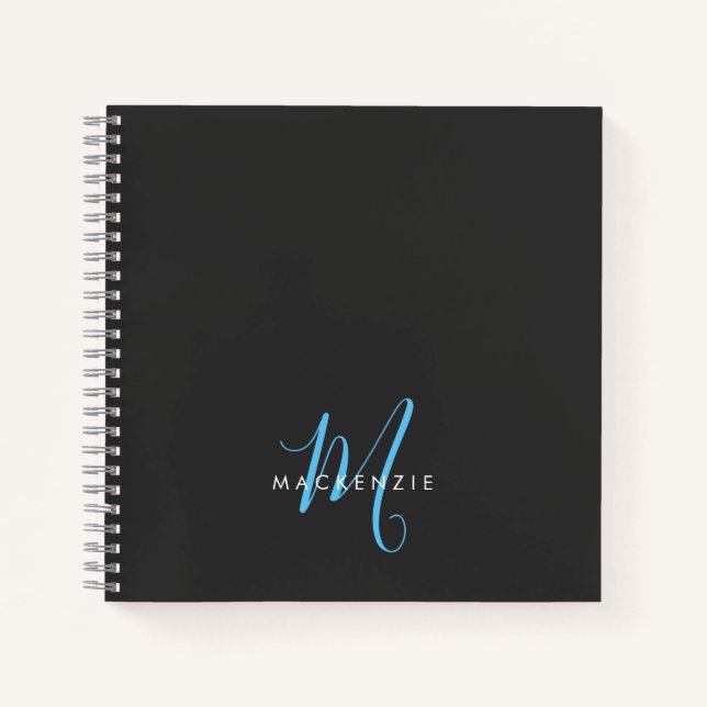Carnet Élégant Black Sky Blue Script Monogramme moderne (Devant)