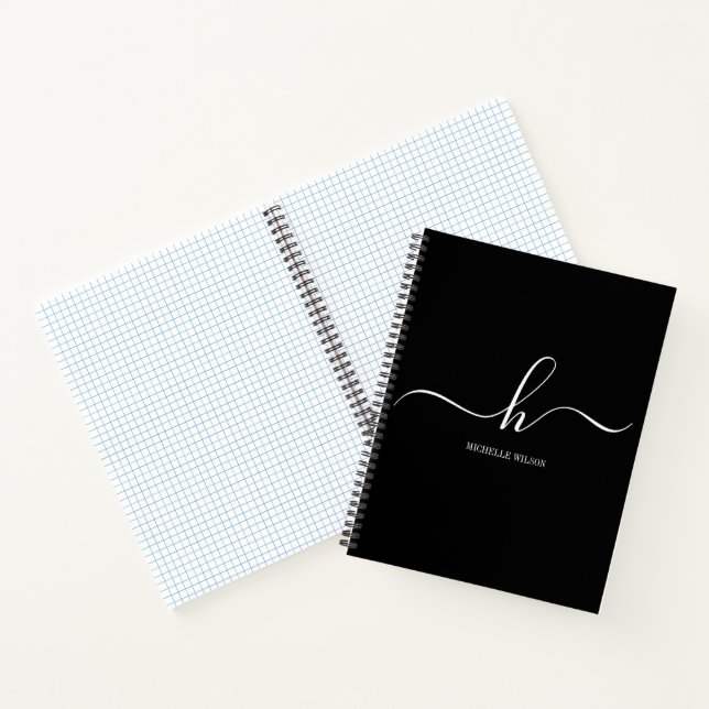 Carnet Elegant Black White Monogram Initial Script Name  (Intérieur)