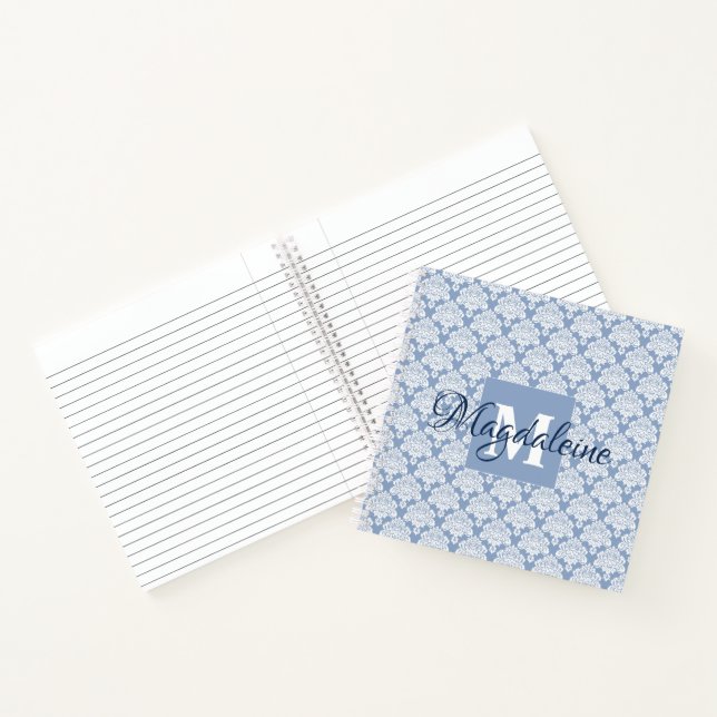 Carnet Élégant bleu Damas Joli monogramme spirale (Intérieur)
