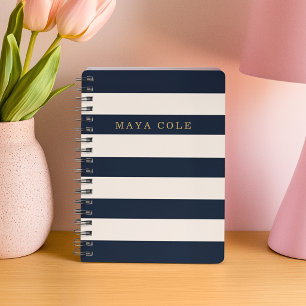 Carnet Élégant bleu marine crème rayures nom personnalisé
