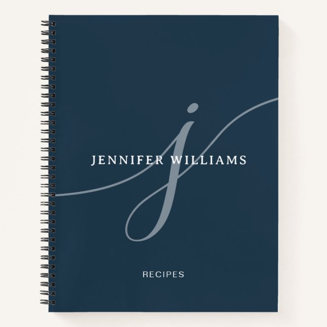 Carnet Elégant bleu marine Script Monogramme Recette (Devant)