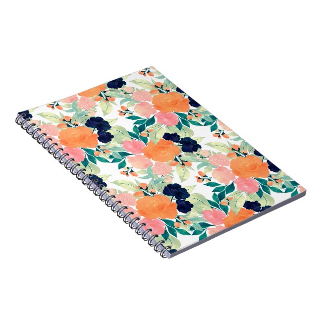 Carnet Elégant bleu rose orange Fleurs d'aquarelle Floral (Côté Droit)