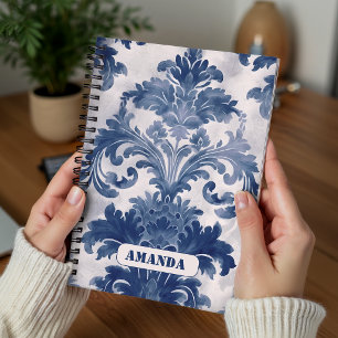 Carnet Élégant Bleu Toile de Jouy Monogramme Français