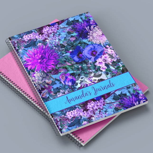Carnet Élégant bleu violet motif floral monogramme (Créateur téléchargé)