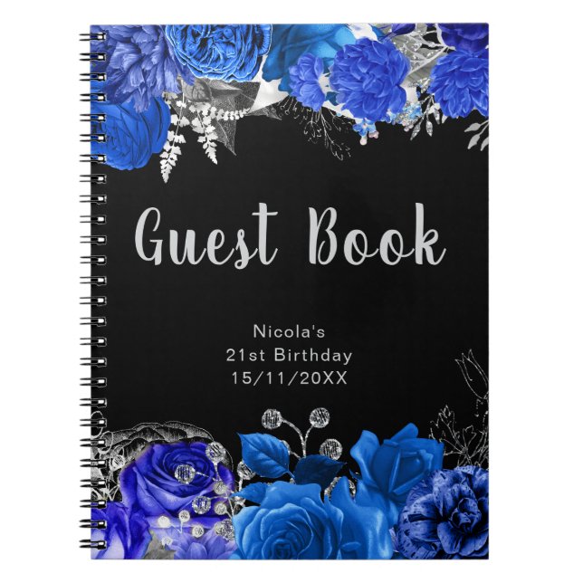 Carnet Elegant Blue and Silver Flower Birthday Guest Book (Devant)