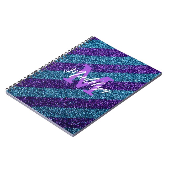 Carnet Elegant Blue &Purple Glitter Monogram Name  (Côté gauche)
