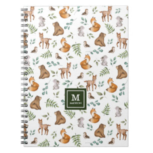 Carnet Élégant Bois Animaux Forêt Verdure Monogramme