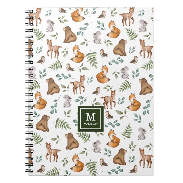 Carnet Élégant Bois Animaux Forêt Verdure Monogramme (Devant)