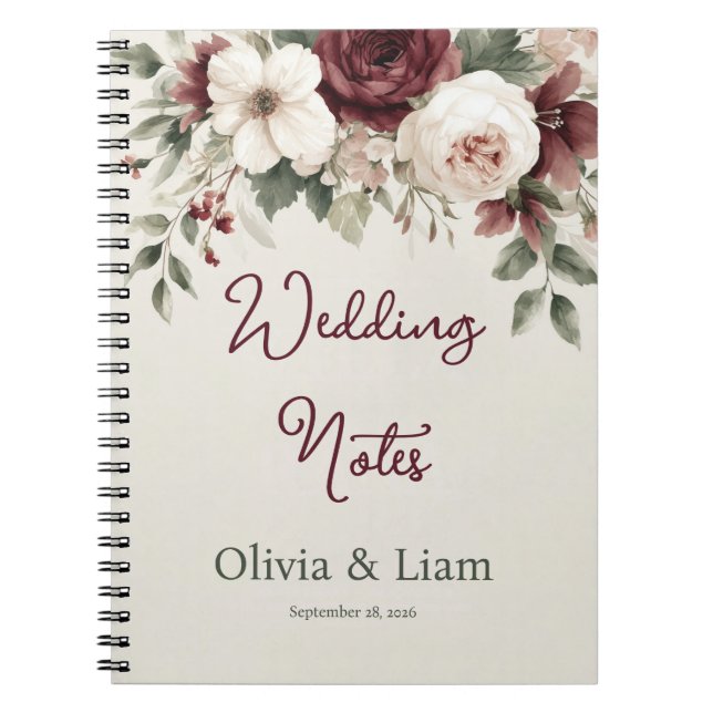 Carnet Elegant Burgundy Floral Personalized Wedding Plann (Devant)