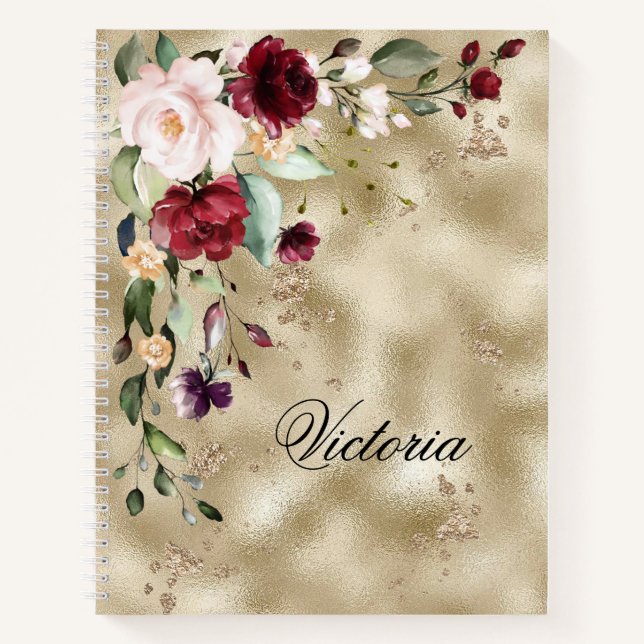 Carnet Élégant Burgundy Gold Floral Script personnalisé (Devant)