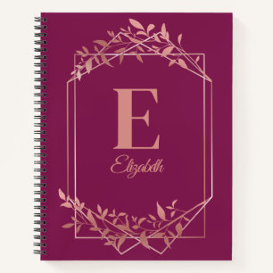 Carnet Élégant cadre rose monogrammé or feuille rose