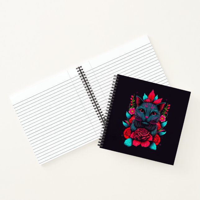 Carnet Élégant chat noir entouré de roses rouges | (Intérieur)