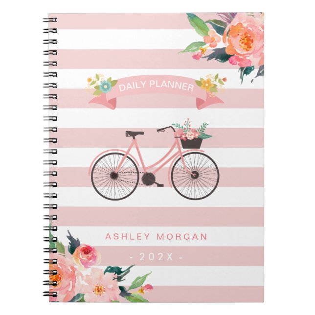 Carnet Élégant Chic Bicycle Floral Girly Pink Bandes (Devant)