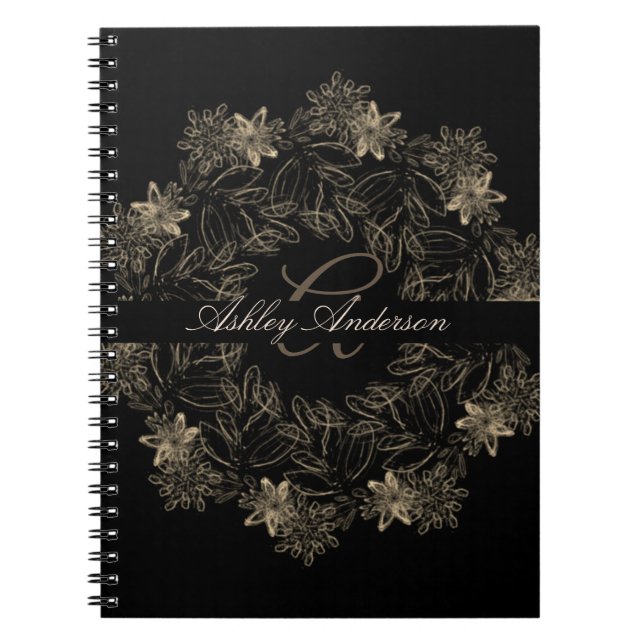 Carnet Elegant Chic Black and Gold Floral Script Monogram (Devant)