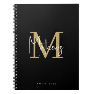 Carnet Élégant Chic Black Gold White Monogramme Nom