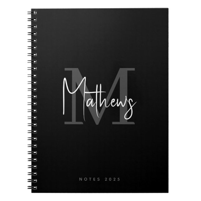 Carnet Élégant Chic Black Grey Blanc Monogramme Nom (Devant)