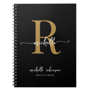 Carnet Élégant Chic Féminin Monogramme Nom en Noir et Or