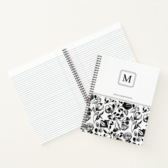 Carnet Élégant Chic Monogramme Motif Fleur Noir Blanc (Intérieur)