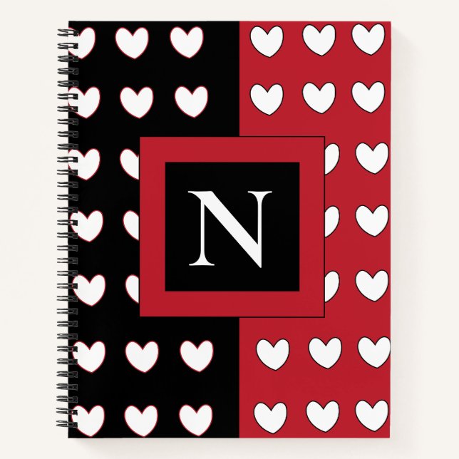 Carnet Élégant Chic Noir Rouge Coeur Blanc Monogramme (Devant)
