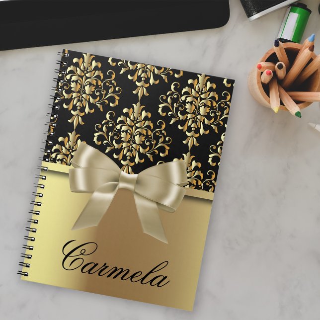 Carnet Élégant Chic Or Et Noir Damas Avec Bow (Créateur téléchargé)