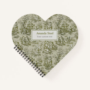 Carnet Élégant coeur vintage olivier vert toile de jouy