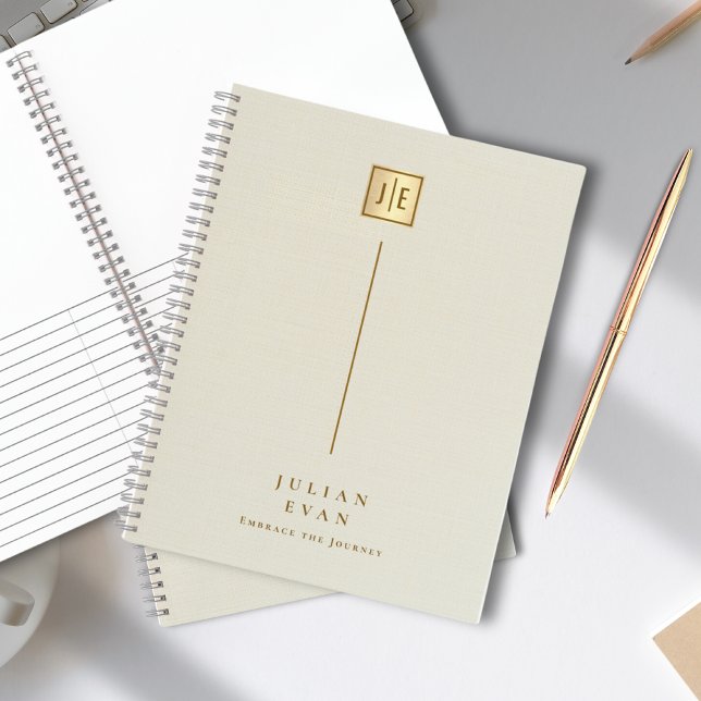 Carnet Élégant Crème Doré Brillante Monogramme Spirale (Elegant Creamy Gold Shiny Monogram Spiral Notebook)
