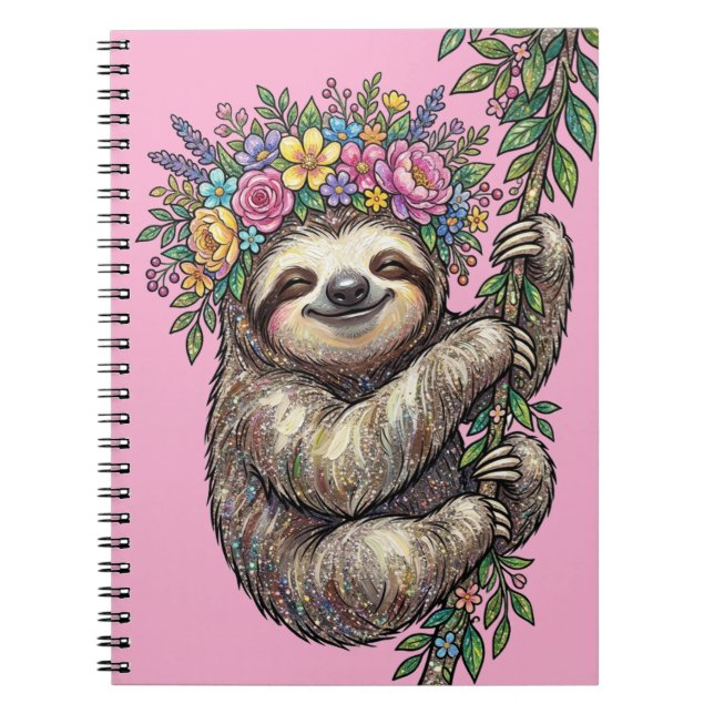 Carnet Elegant Cute Floral Sloth with Flower Crown Pink   (Devant)