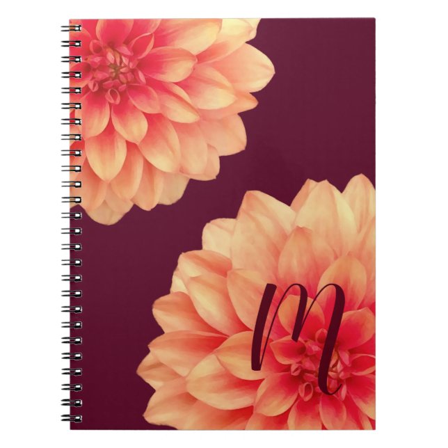 Carnet Élégant Dahlias Orange Fleurs Bourgogne Monogramme (Devant)