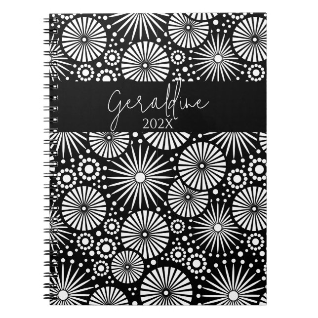 Carnet Élégant Étoile Géométrique Noir Blanc Nom  (Devant)