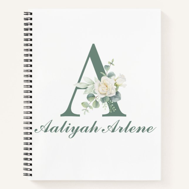 Carnet Élégant Eucalyptus et Rose Personnalisé Initiale A (Devant)