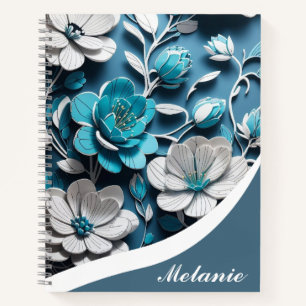 Carnet Elégant Fille Flore Bleu Personnalisé Design