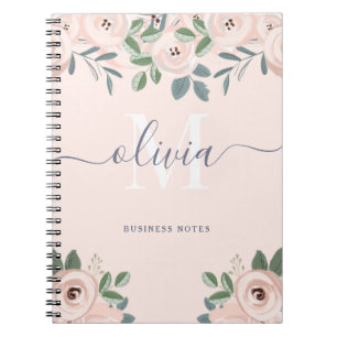 Carnet Elégant Fleurs Aquarelles Roses Bleues   Monogramm