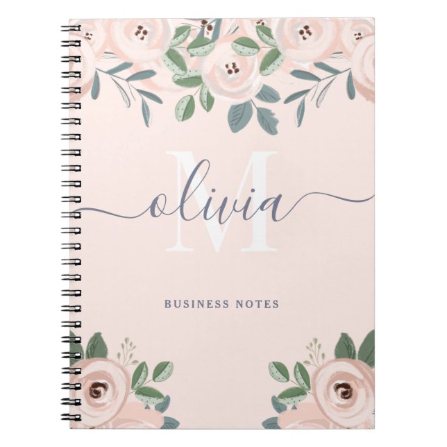 Carnet Elégant Fleurs Aquarelles Roses Bleues | Monogramm (Devant)