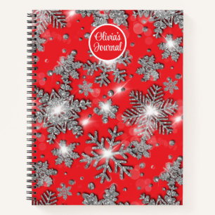 Carnet Élégant flocon rouge de Noël blanc argent