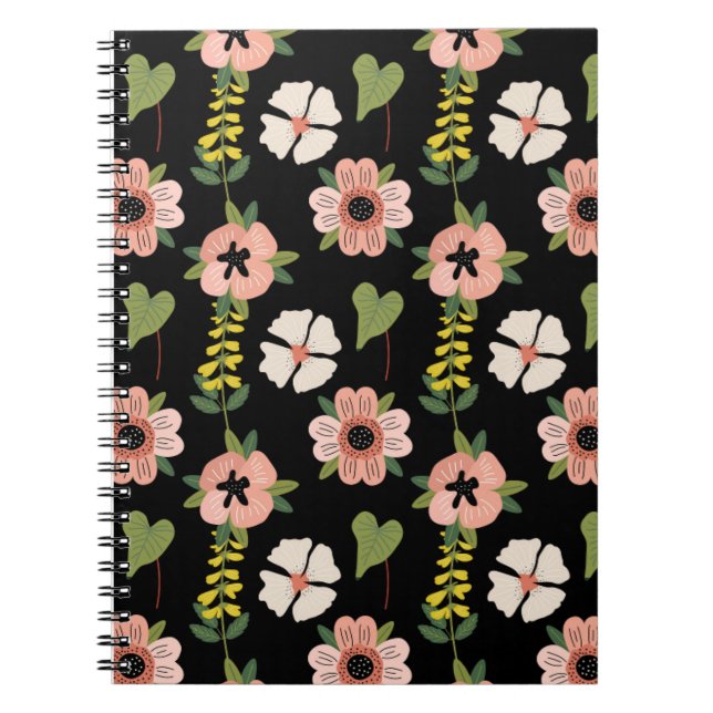 Carnet Elegant Floral Pattern on Black | Chic Botanical  (Devant)