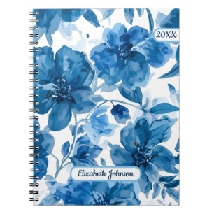 Carnet Élégant floral personnalisé aquarelle bleue