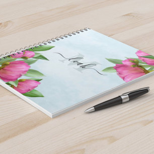 Carnet Élégant floral vintage joli monogramme pivoine ros